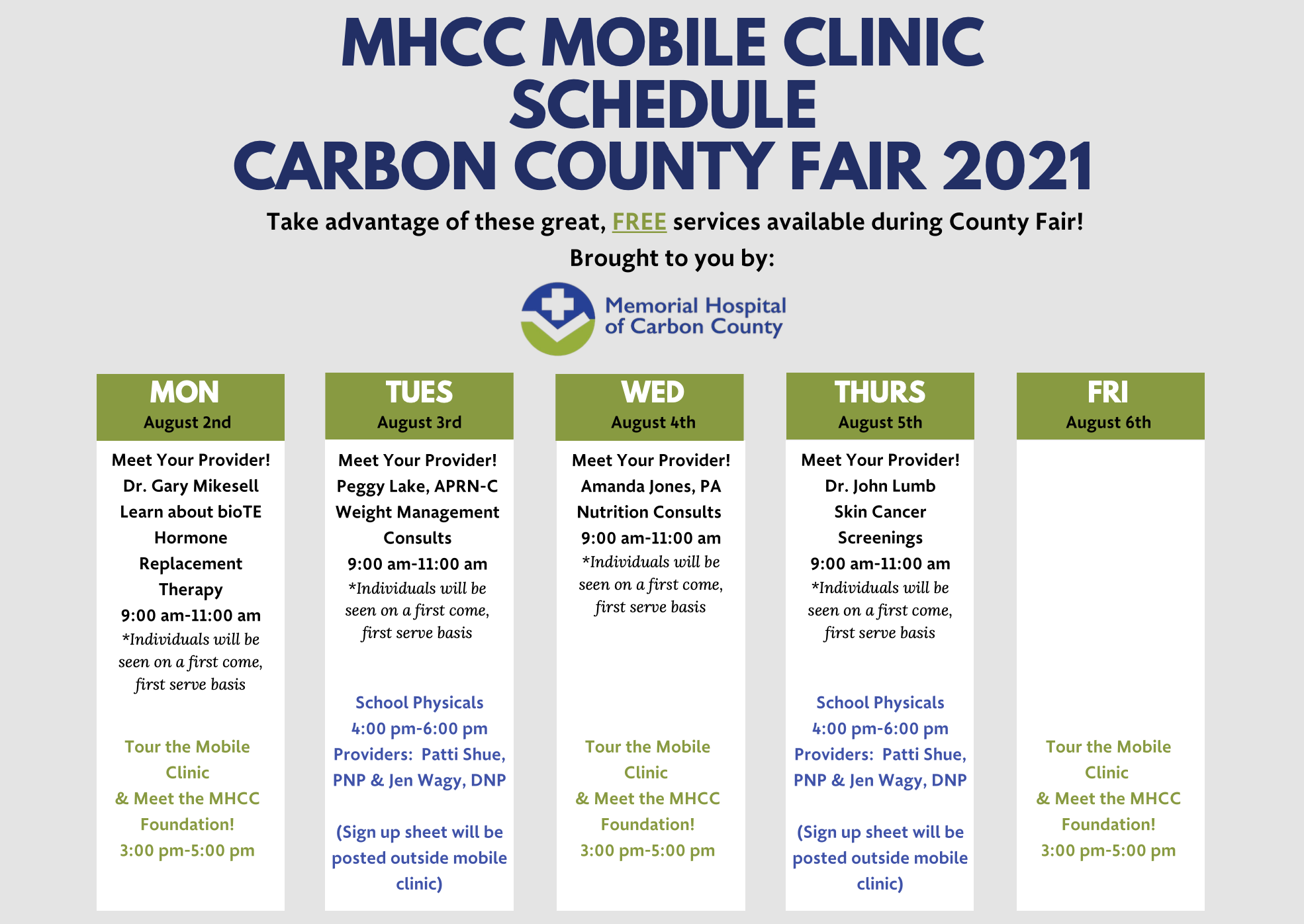MHCC Mobile Clinic Schedule for 2021 Carbon County Fair – Memorial